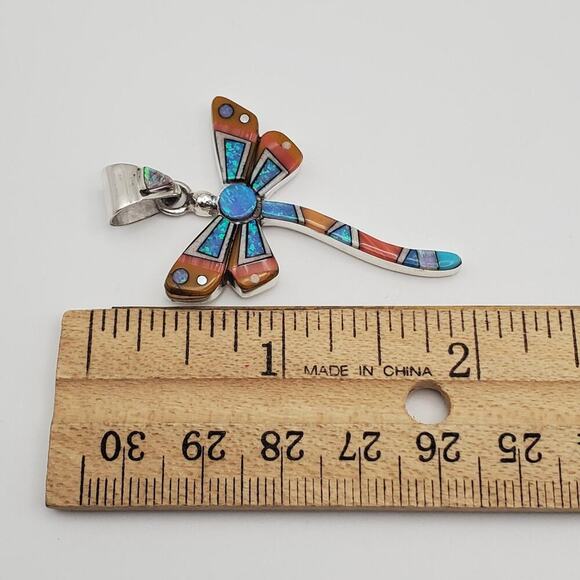 Dragonfly Blue Opal Orange Gemstone Micro Inlay Sterling Silver Pendant - Picture 7 of 7